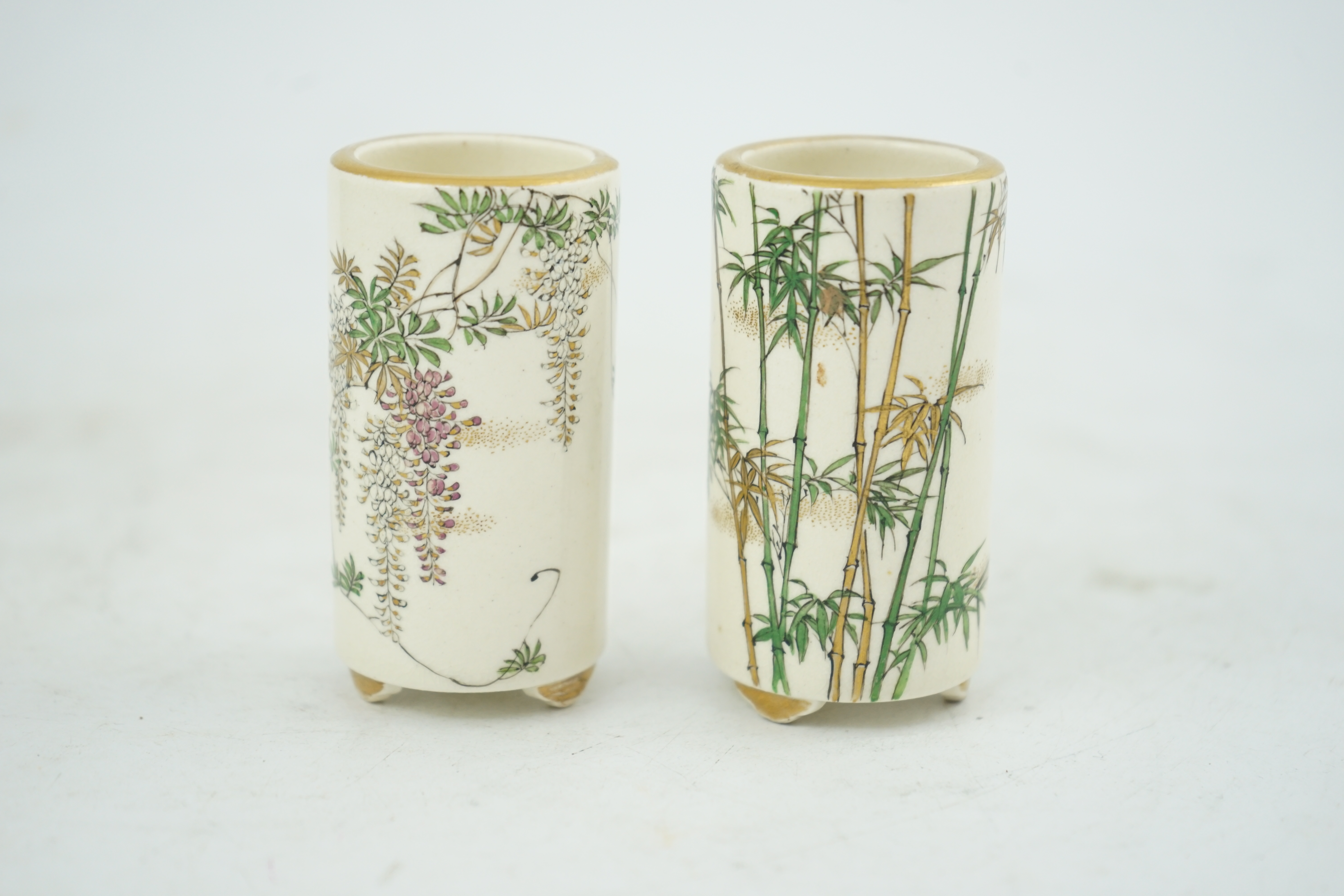A pair of Japanese Satsuma miniature cylindrical vases, by Kinkozan, early 20th century